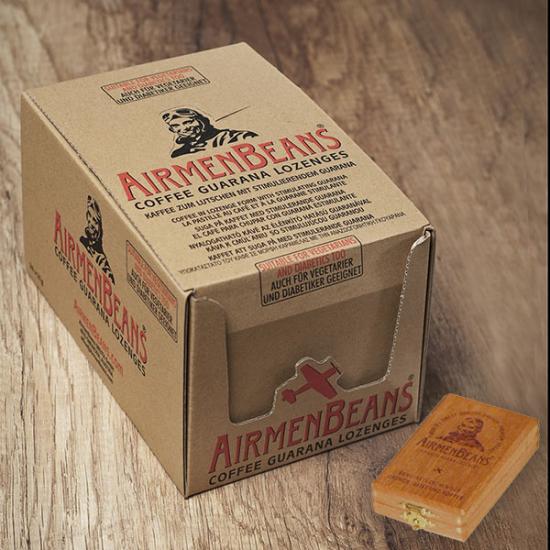 Plus-Pack - 24 Btl. AirmenBeans Kaffee-Guarana Pastillen + 1 orig. AirmenBeans Zedernholzkisterl